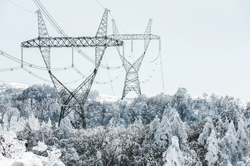 A scenic view of transmission towers amidst snow-covered trees during winter.