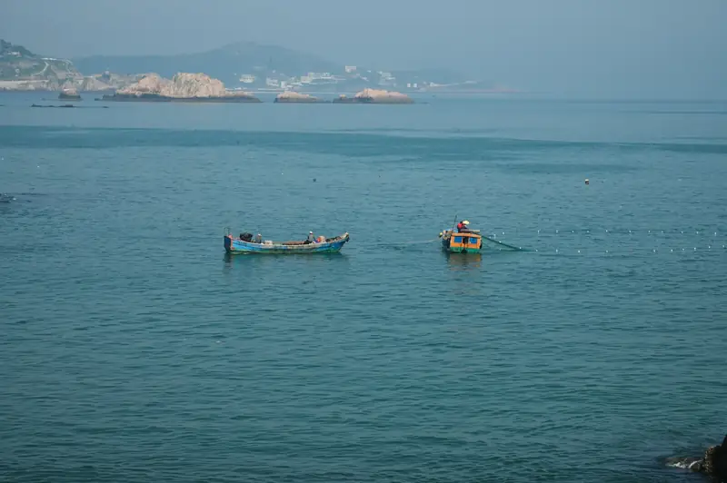 Fishing boats with nets cast on a tranquil blue sea with a distant coastal view.