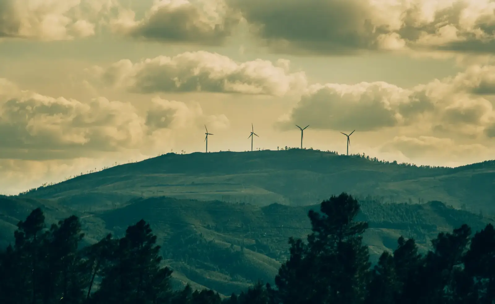 Wind turbines on a hill under a dramatic cloudy sky, showcasing renewable energy amidst nature.