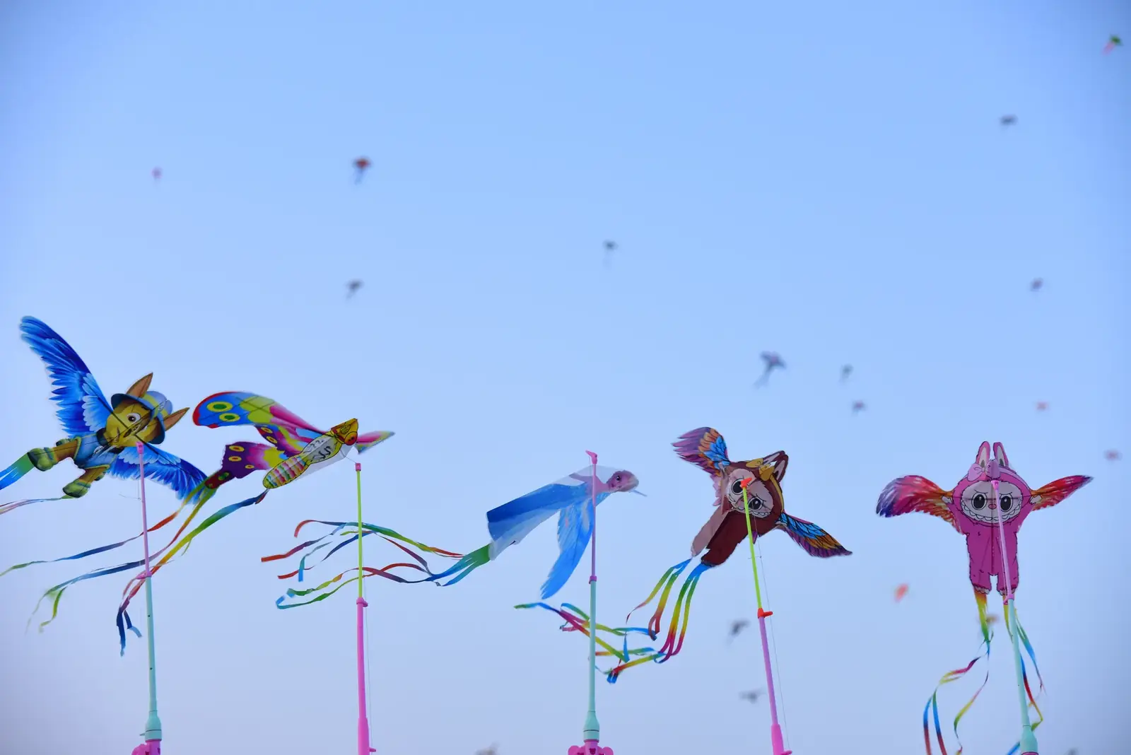 Colorful owl and bird kites flying high at a vibrant festival under a clear blue sky.