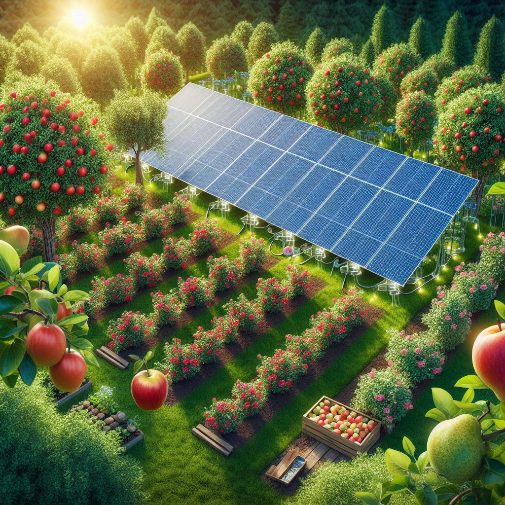 Apple and pear garden with solar energy systems